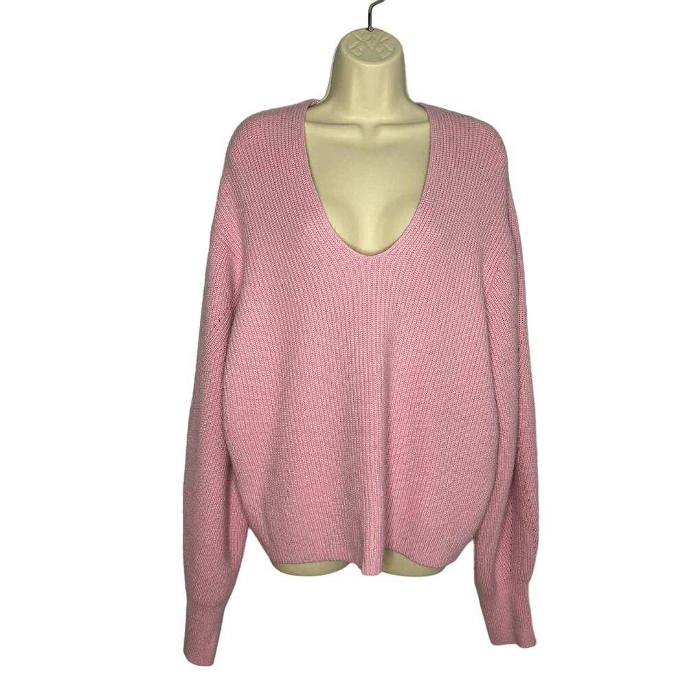 Tahari V Neck Drop Shoulder Ribbed Knit Sweater Long Sleeve Pink Women's XL